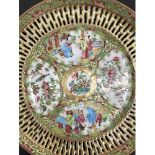 C20th Canton circular plate, famille verte and rose enamelled with alternating panels of figures and