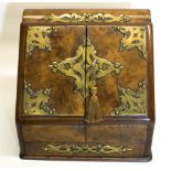 Victorian brass bound figured walnut slope front writing box, interior fitted with calendar,