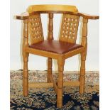 Brian Haw (former Mouseman carver) Yorkshire Oak - Corner chair with carved lattice back and leather