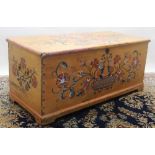 Victorian pine rectangular blanket box with hinged top, brass carry handles and skirted base,