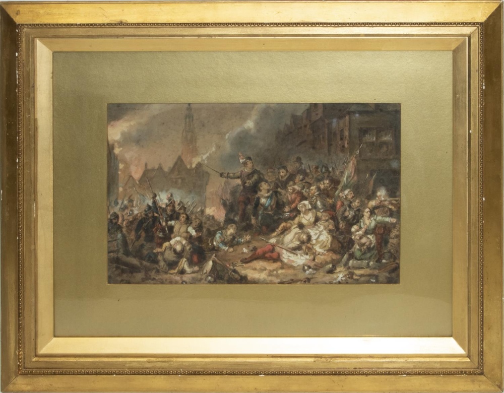 The Grange Goathland - French School (C19th); Death of a General, battle scene in a burning ruined