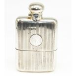 Edw.VII hallmarked silver hip flask with engine turned bands and removable cup with gilt interior,