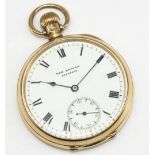 Waltham retailed by Tom Senior Dewsbury 9ct gold keyless open faced pocket watch, signed white