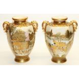 Pair of Meiji Japanese Satsuma pottery two handled vases, hexagonal tapering bodies decorated with
