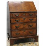 Small early C20th Queen Anne style herring banded walnut bureau, fall front with fitted interior and