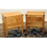 Brian Haw (former Mouseman carver) Yorkshire Oak - Pair of sewing tables with hinged lift up top,
