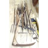 The Grange Goathland - Garden tools including edging clippers, hedge clippers, forks, hoes, rake,