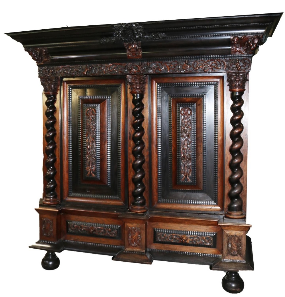 C19th Dutch rosewood and ebonised ribbon moulded Rankenkast or wardrobe, moulded cornice above