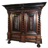 C19th Dutch rosewood and ebonised ribbon moulded Rankenkast or wardrobe, moulded cornice above