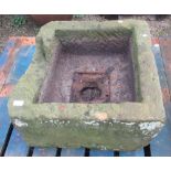 The Grange Goathland - Well weathered sandstone sink, with drain hole, approx 58cm x 61cm x 30cm