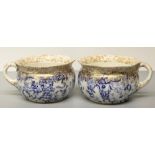 The Grange Goathland - Pair of Doulton Burslem chamber pots, blue and white decorated with brown