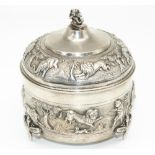 C20th Indian silver circular bowl and cover, with Ganesha finial, decorated with bands of animals