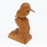 Albert Owlman Harrison - a carved oak model of a Kingfisher perched on a rock, carved with signature
