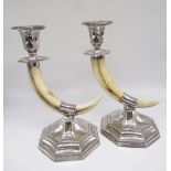 The Grange Goathland - Pair of Victorian hallmarked silver and Wild Boar tooth candlesticks,