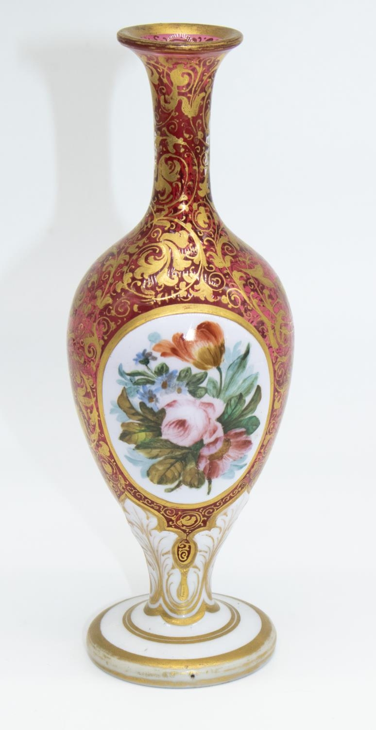 C19th Bohemian cranberry glass vase, the ovoid body with painted ovals of a young girl and a still - Image 2 of 2