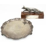 Geo.VI hallmarked silver Hunting presentation salver on scroll feet with Chippendale border, by