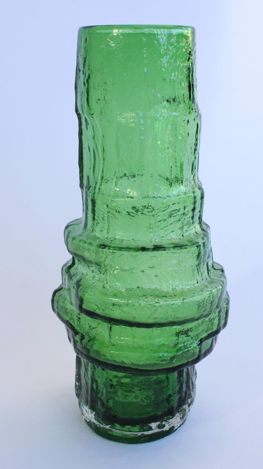 Whitefriars 'Hooped' 9680 textured glass vase in meadow green colourway as designed by Geoffrey