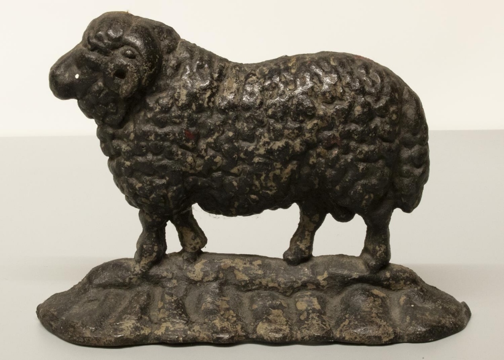 The Grange Goathland - Early C20th black painted cast iron door porter in form of a ram, on