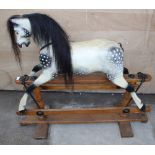 Edwardian craftsman made carved wood swing rocking horse, with painted rocking horse grey detail,