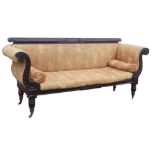 Victorian mahogany famed scroll end upholstered sofa, carved back and bead carved frieze on lobed
