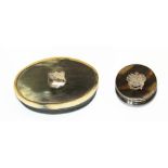 Geo.V hallmarked silver circular pill box, tortoishell lid inset with RMSP SS Arcadian crest,