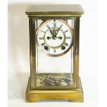 C20th four glass mantel clock, cream Roman dial with visible Brocot escapement, twin train