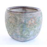 Martin Brothers small fern pot decorated with incised Jellyfish pattern to each side, incised with
