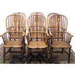 Set of six C19th ash and elm high back Windsor chairs, pierced vase shaped splats on ring turned