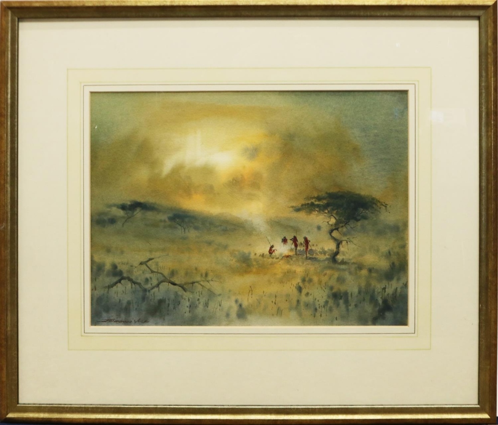 Jonathan Yule (British C20th); 'Nightfall' Tribal figures by a campfire in a landscape, watercolour,