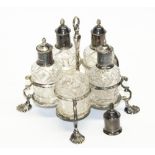 Geo.111 style EPNS cruet, five glass bottles with ground stoppers and plated covers named Lemon