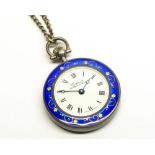 Silver and blue guilloche enamel ladies top wind fob watch, white Roman dial signed Comor La Chaux-
