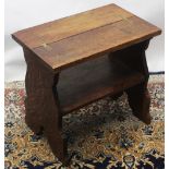 C20th oak Library step stool, folding top on shaped solid end supports, W51cm D344cm H64cm max