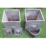 Pair of lead planters with ram's head relief design, H30cm W26cm, a pair of wall plaques with ram'