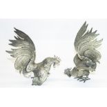 Pair of cast silver plated table models of fighting Cocks, H24cm (2)