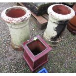 Pair of matching terracotta cannon barrel chimney pots, 54cm x 52cm, small painted planter with