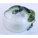 Lestyn Davis 'Blowzone' Art Glass sculpture in the form of a mottled green gecko on a pearlescent