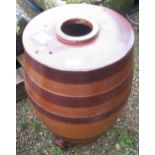 Large 12 gallon stone glazed earthenware barrel with coopered design, approx 58cm x 76cm