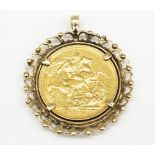 Victoria 1896 sovereign in yellow metal pendant mount, no hallmarks, 11.7g