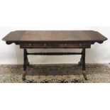 Regency mahogany sofa table, canted rectangular top with two fall leaves, two frieze drawers with