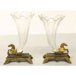 The Grange Goathland - Pair of late C19th glass Cornucopia vases on ormolu winged horse