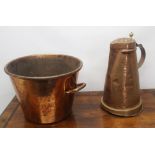 Large C20th copper flagon, tapering body with C scroll handle, hinged cover decorated in Art Nouveau