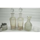 C19th hobnail cut claret decanter with mushroom stopper, H23cm, pair of C19th decanters with faceted