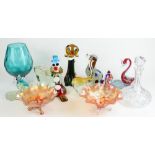 Selection of Murano style glass animal figures, Venetian blue goblet vase, two Carnival glass