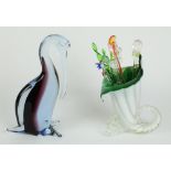 Murano style glass crane figure, H26cm, and a glass cornucopia vase filled with Murano glass