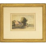 In the style of David Cox; Riverside cottage with cattle, watercolour, bears signature, 16cm x 25cm