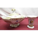 Yettau Bavaria oval pedestal bowl and cover, H22cm and a similar vase both, H12cm both decorated