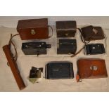 Collection of vintage cameras including Cine Kodak BB Junior in original leather case, Kodak No.2