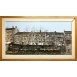 English school, late C20th; terraced houses, oil on board, 50cm x 100cm