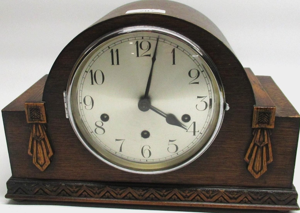 Haller 1930's oak cased mantel clock, chrome plated bezel and silvered Arabic dial, three train