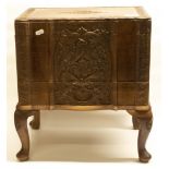 Mid to late C20th Indian carved wood sewing box, the hinged lid enclosing interior compartments